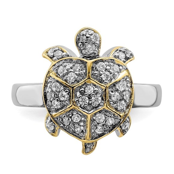 925 Sterling Silver Rhodium-plated CZ and Flash Gold-Plated Turtle Ring, Size 8 - Picture 5 of 6